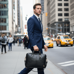 Croco leather laptop bag in genuine leather with crocodile texture front view