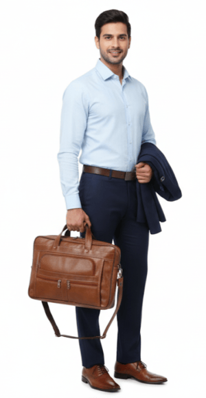 A close-up of a Ambur leather laptop bag for men, featuring a front pocket, two zippered compartments, a top handle, and a detachable shoulder strap, set against a plain background.