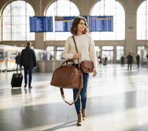 A young woman in a cream sweater and jeans walks through a train station, carrying a brown leather duffel bag and a matching smaller cross-body bag.