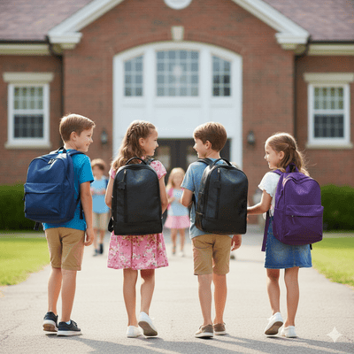 Four young children wearing school bags, walking towards a school building on a sunny day, with their backs to the viewer.