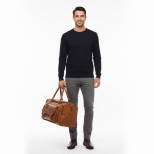 duffle bag made from premium ambur leather with adjustable straps and multiple compartments