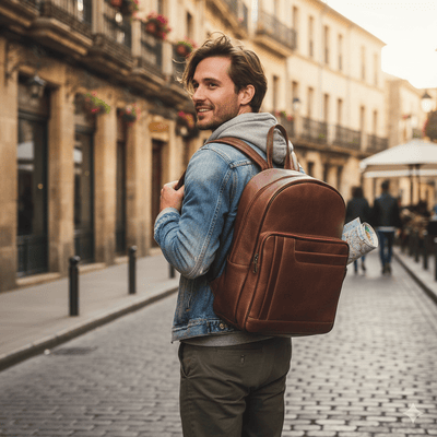 A young man with a brown leather travel backpack smiles as he looks over his shoulder while standing on a cobblestone street in a European city.