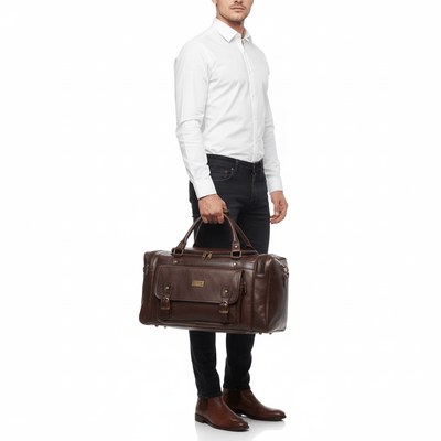 Travel bag made from premium ambur leather with adjustable straps and multiple compartments