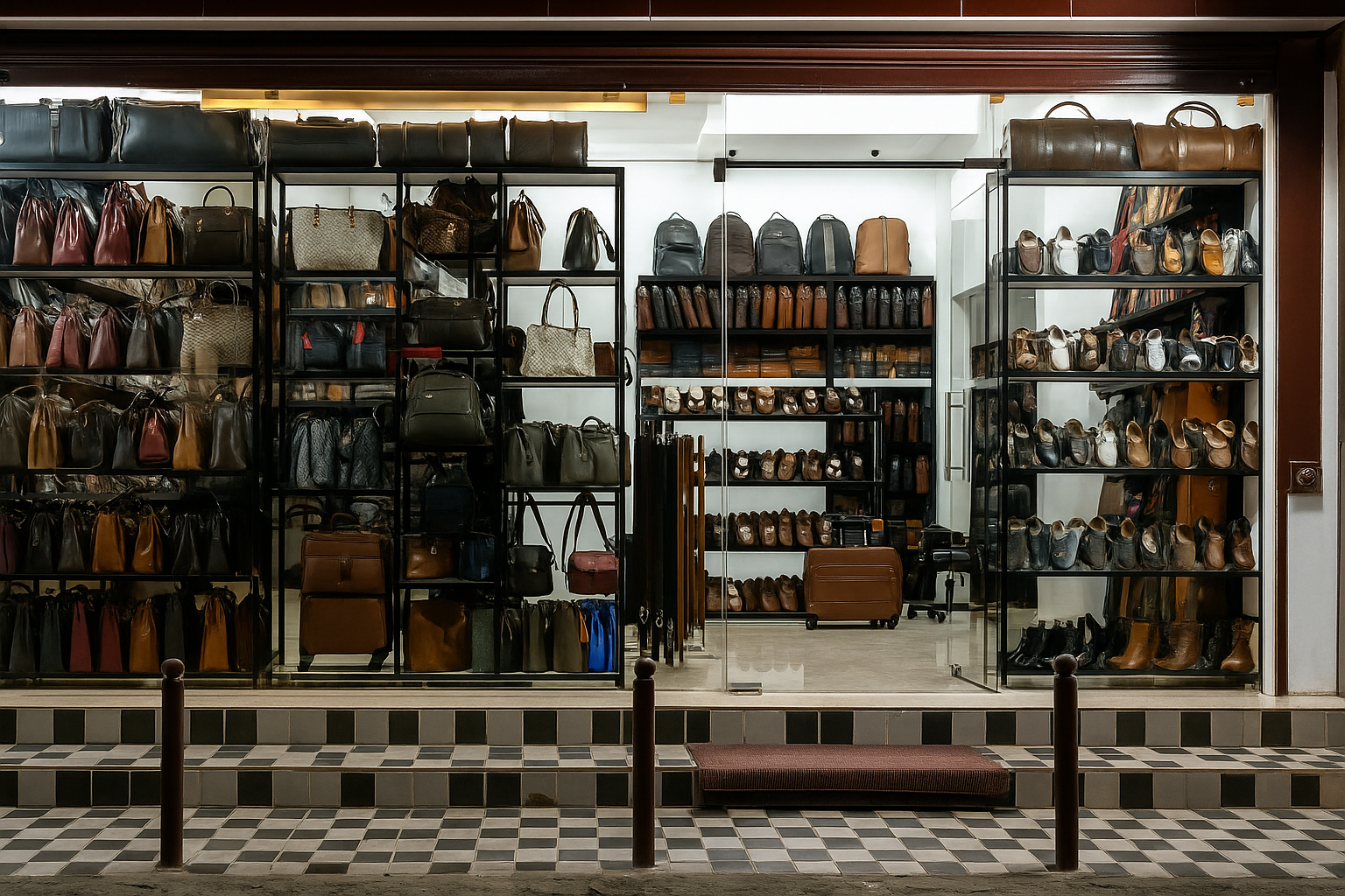 Ambur Leather Market main street with shops displaying leather shoes and bags