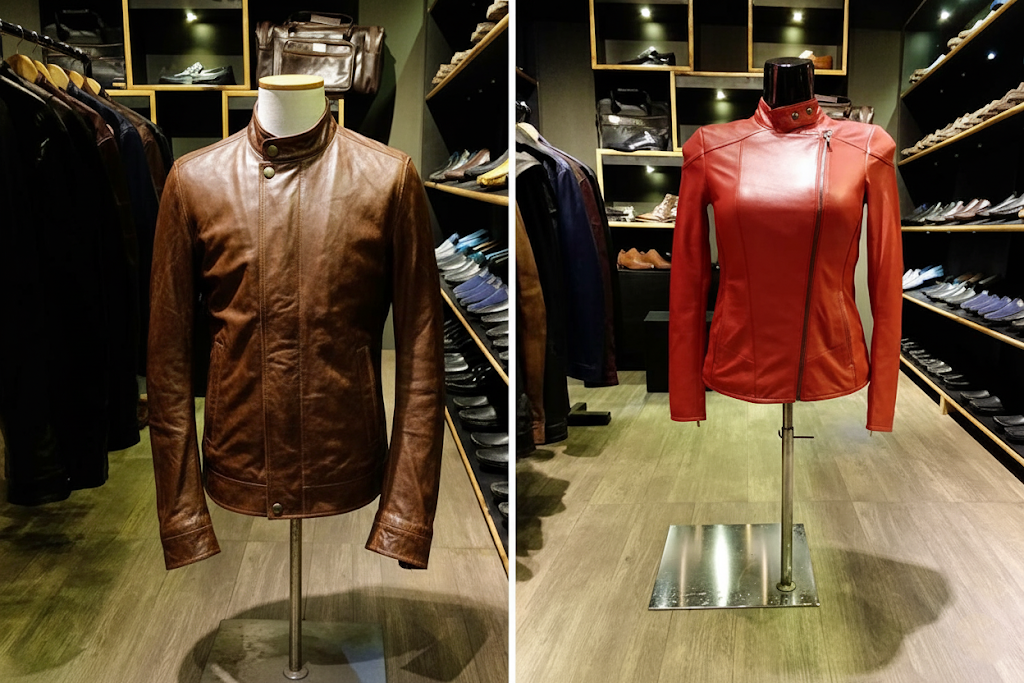 Premium Ambur leather jackets displayed in modern retail setting