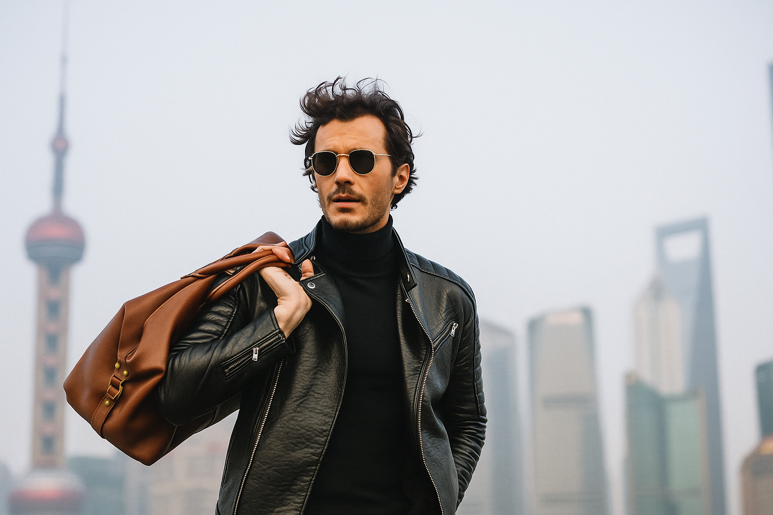 Man in black leather jacket carrying brown leather bag in front of Shanghai city skyline.