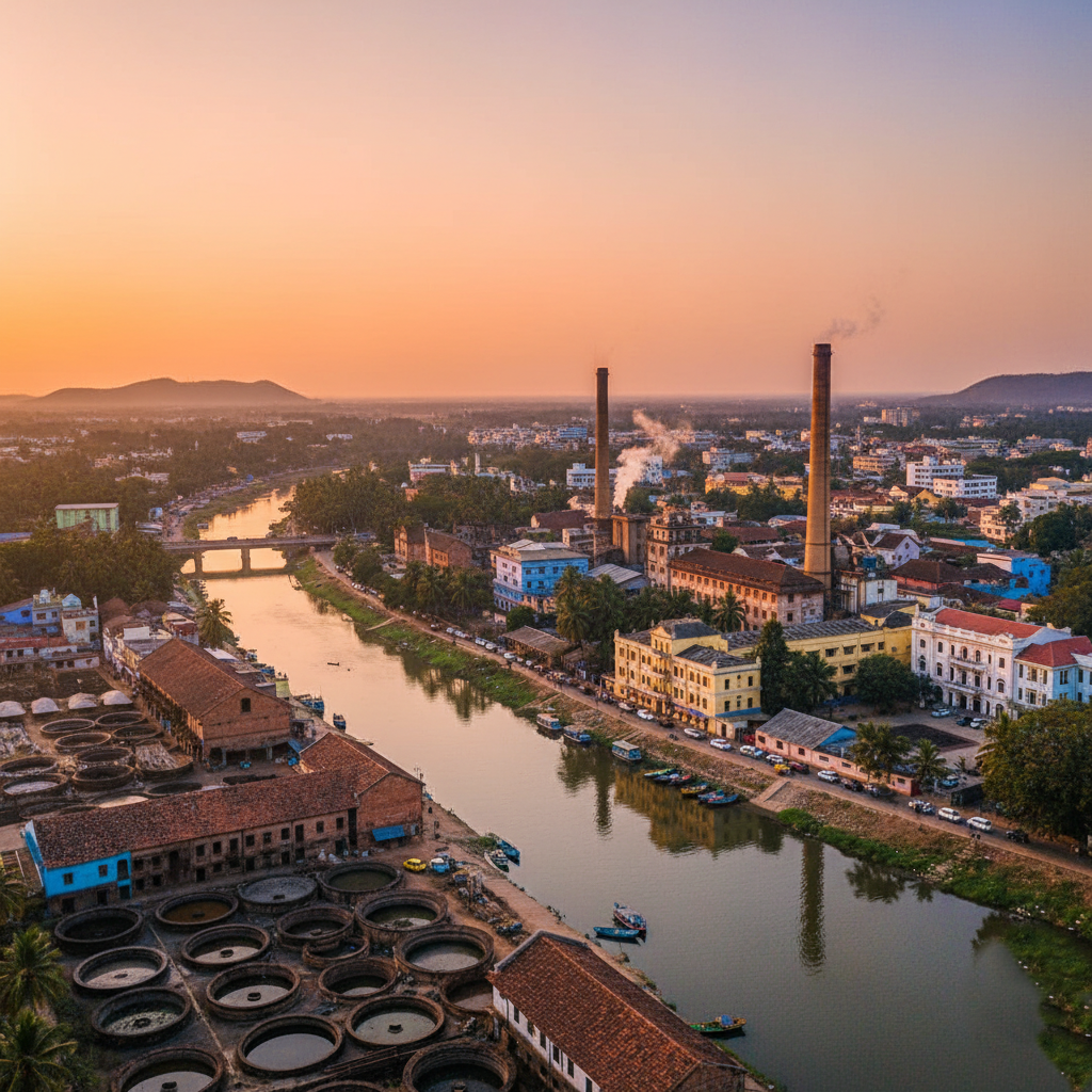 Photorealistic panoramic view of Ambur, Tamil Nadu, showing traditional leather tanneries, the Palar River, industrial buildings, and local architecture at golden hour.