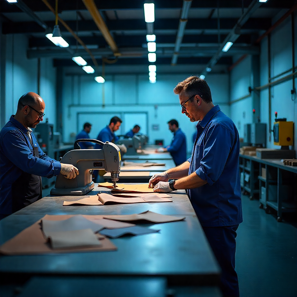Interior of a contemporary leather manufacturing facility with modern machinery, automated cutting equipment, quality control stations, and workers in clean uniforms under bright industrial lighting.