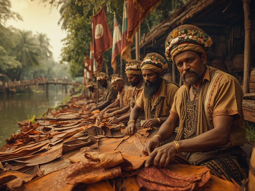 Vintage sepia photograph of 19th century Indian leather workers in traditional attire processing animal hides by a river during the colonial era.