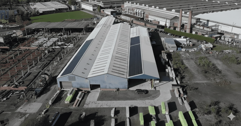 Leather manufacturing facility with solar panels on the roof, clean production lines, eco-friendly design, and modern architecture blending with nature under a blue sky.