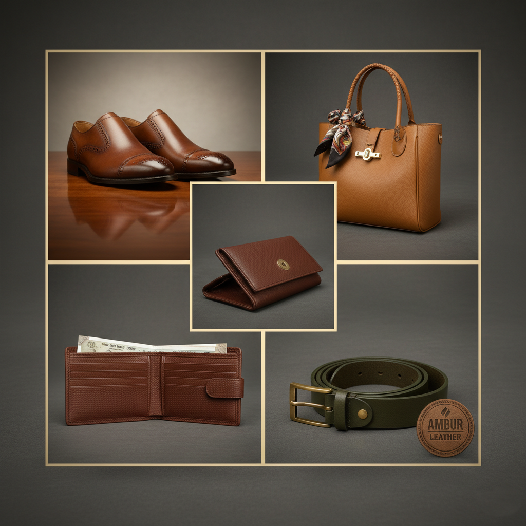 Collection of Ambur leather shoes, bags, wallets, and belts displayed together.