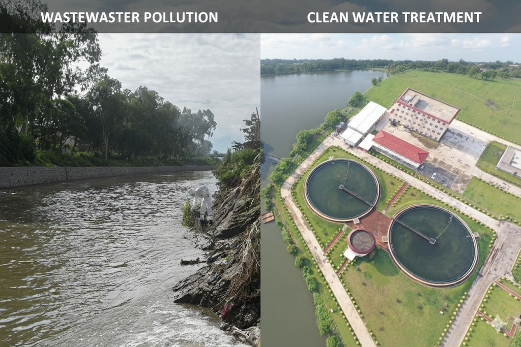 Split-screen comparison showing 1980s polluted river with dark water and waste on the left, and a modern clean effluent treatment plant with greenery and clear water on the right.
