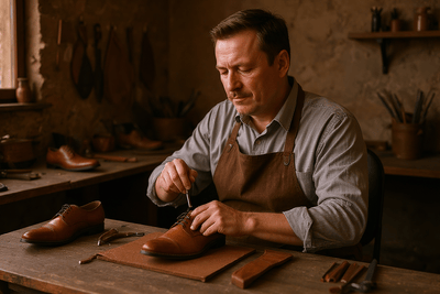 A male craftsman in a brown apron sits at a wooden workbench in a rustic workshop, using a hand tool to meticulously work on a brown leather dress shoe.