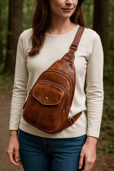 A woman modeling a brown leather sling bag for women, worn across her chest while standing in a wooded area.