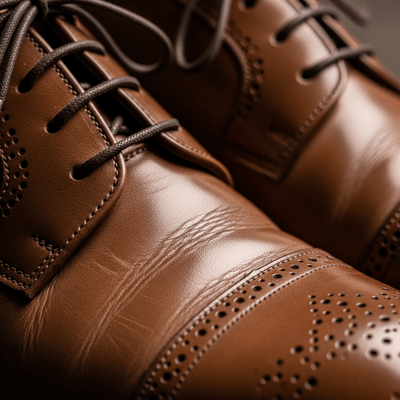 A detailed, close-up shot of a pair of polished brown leather cap-toe brogues, highlighting the intricate stitching and decorative perforations.