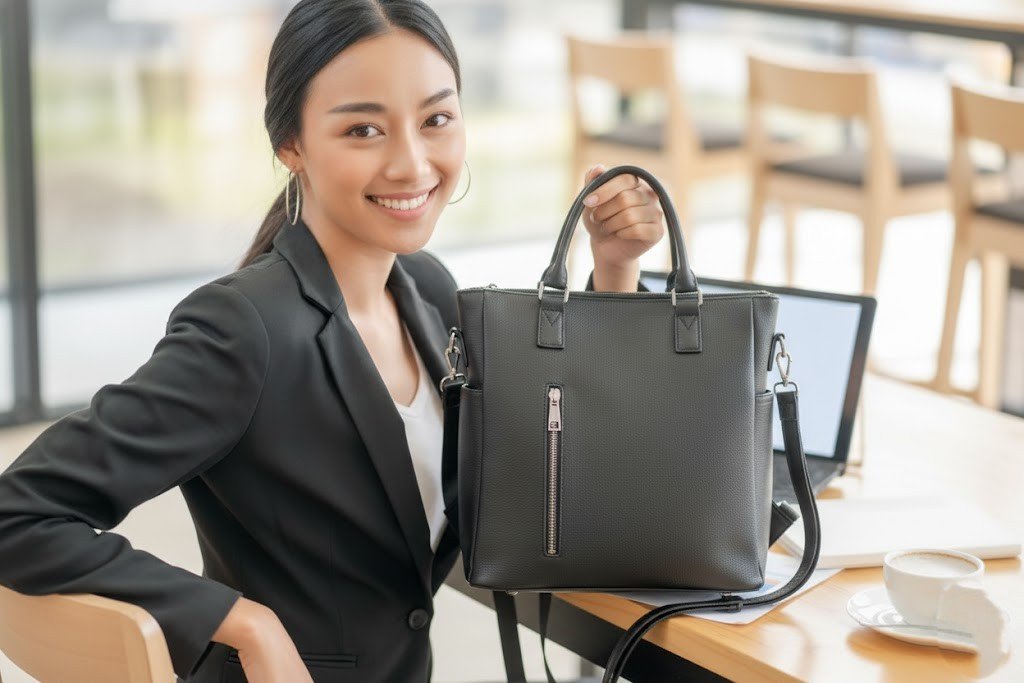 n olive green convertible backpack tote made of durable canvas. The bag is shown standing in its tote form with two top handles, and the adjustable backpack straps are visible on its back panel, showcasing its dual functionality.