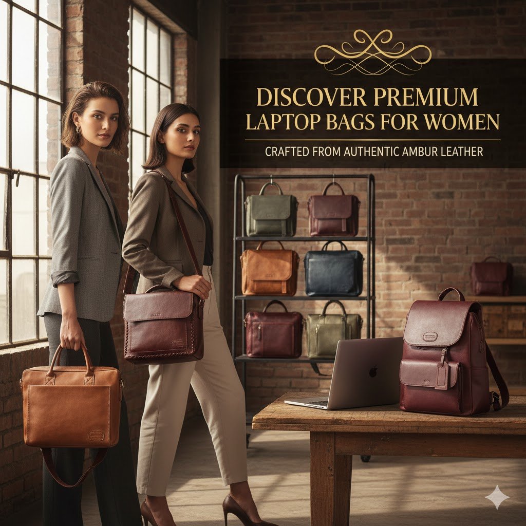 A collection of elegant, handcrafted Ambur leather laptop bags for women, displaying their rich texture and sophisticated designs suitable for professional use.
