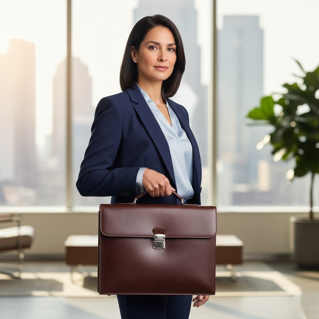 A slim, structured executive briefcase made of polished black leather, standing upright on a dark wooden desk. The briefcase has a single top handle and subtle, polished silver hardware.