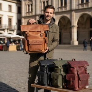 A man stands in a city square holding up a tan leather roll-top backpack, with three other identical backpacks in black, olive green, and burgundy sitting on a bench in front of him.
