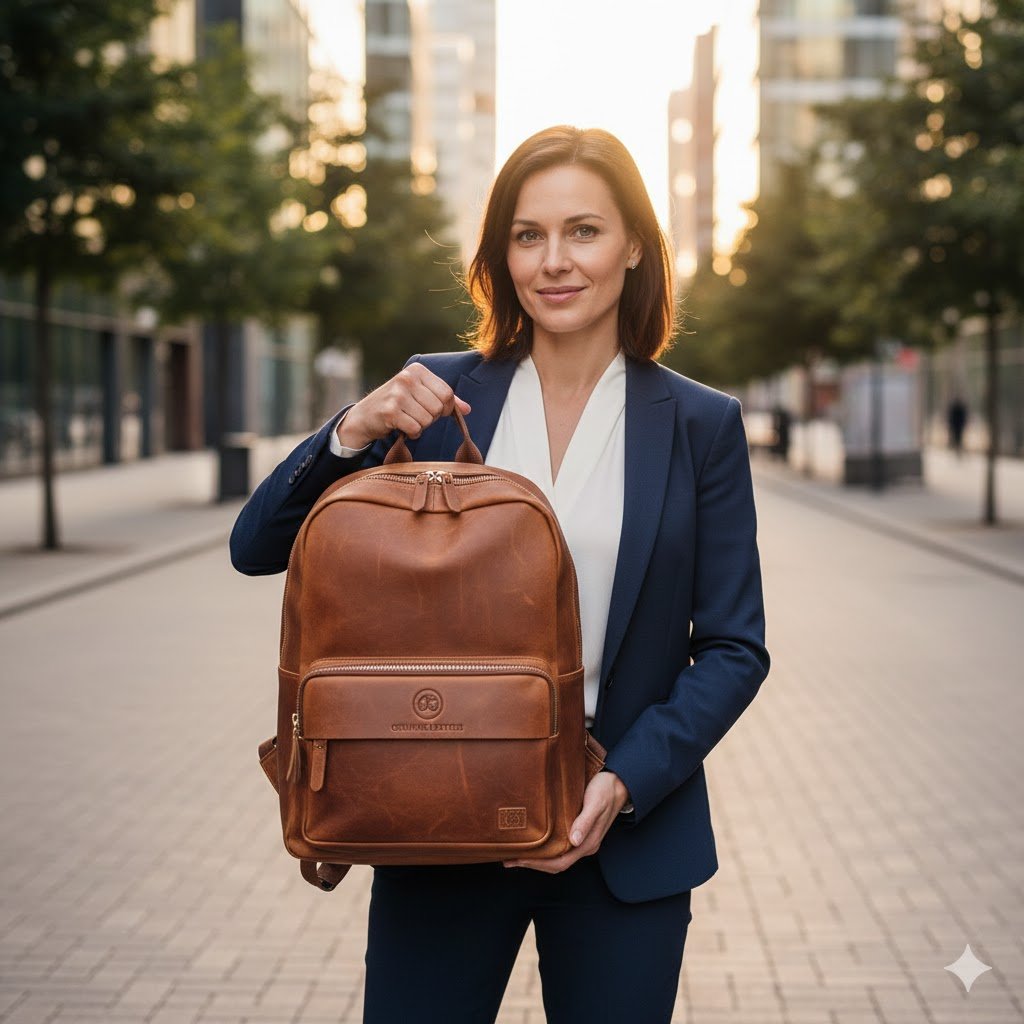 A woman wearing a stylish genuine leather 25-liter laptop backpack, a versatile and spacious choice from a collection of premium laptop bags for women.