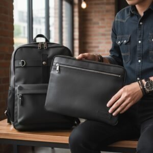 A man holding a black leather laptop sleeve with a matching black backpack next to him, set against an indoor background with a window and brick wall.