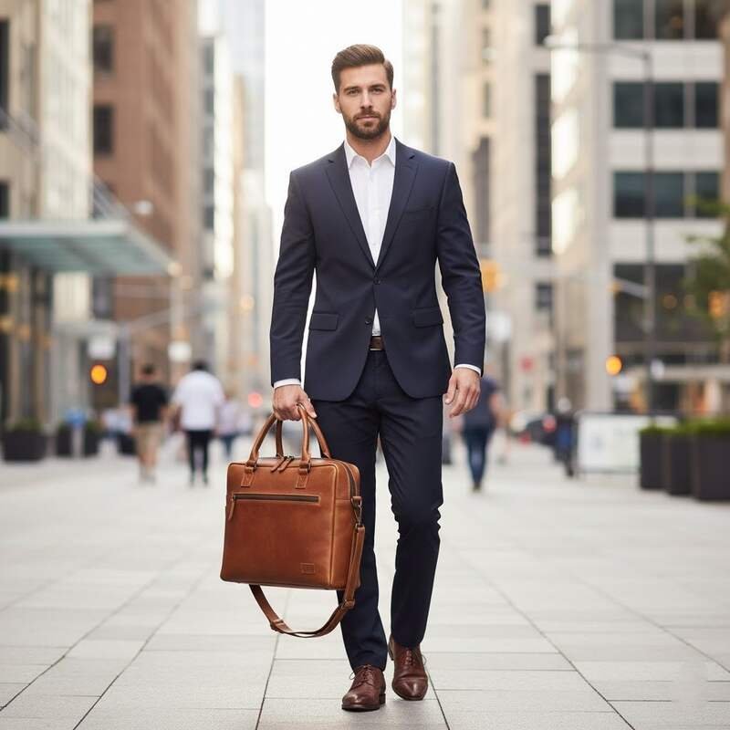 well-dressed man in a dark blue suit and white shirt walks confidently down a city street, carrying a genuine leather brown mild laptop zipworkbag laptop bags for men. The bag has a shoulder strap and top handles, complementing his professional attire