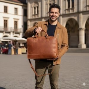 A man with dark, curly hair and a beard, wearing a brown jacket, stands in a city square holding up a tan leather handle laptop bag, which has a detachable shoulder strap.