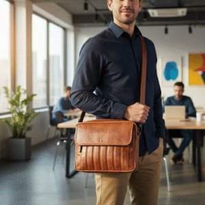 Man standing in a modern office holding a brown leather shoulder bag, with coworkers working at desks in the background.