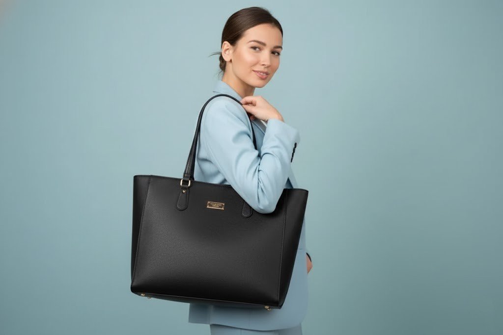  large, structured professional tote bag in black pebbled leather, shown on a neutral studio background. Next to the bag, a 15-inch laptop, a notebook, and a water bottle are displayed to illustrate its large capacity.