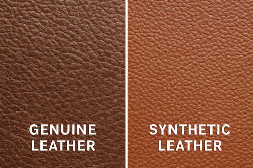 A side-by-side comparison of genuine leather (dark brown) and synthetic leather (light brown), showcasing their distinct textures to help identify real leather.