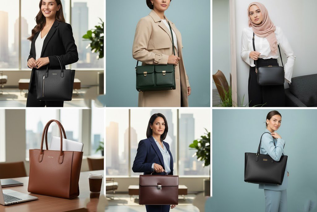 A collection of seven different leather office bags for ladies, showcasing various styles and colors suitable for professional settings, from the Ambur leather collection.
