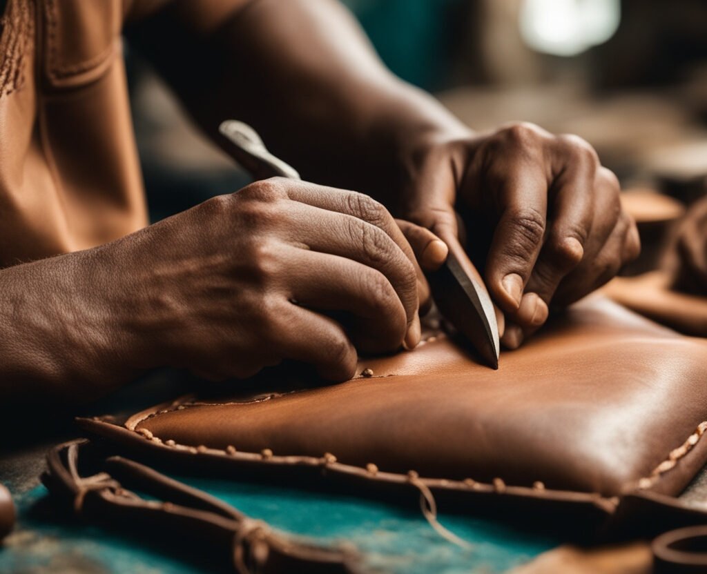 Close-up of an Indian leather artisan’s weathered hands hand-stitching premium leather goods with traditional tools under warm workshop lighting.