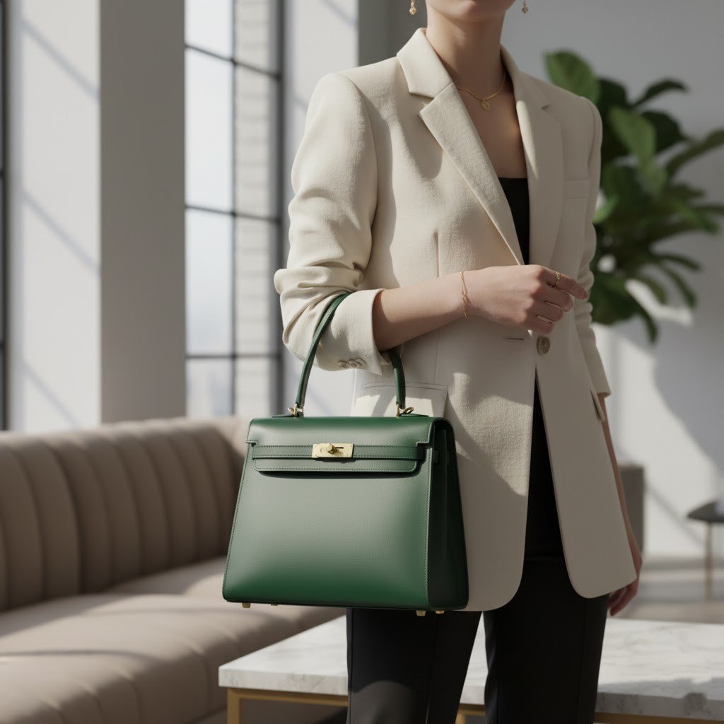 A classic structured handbag with a top handle and gold-tone hardware, shown against a simple, light-colored background.