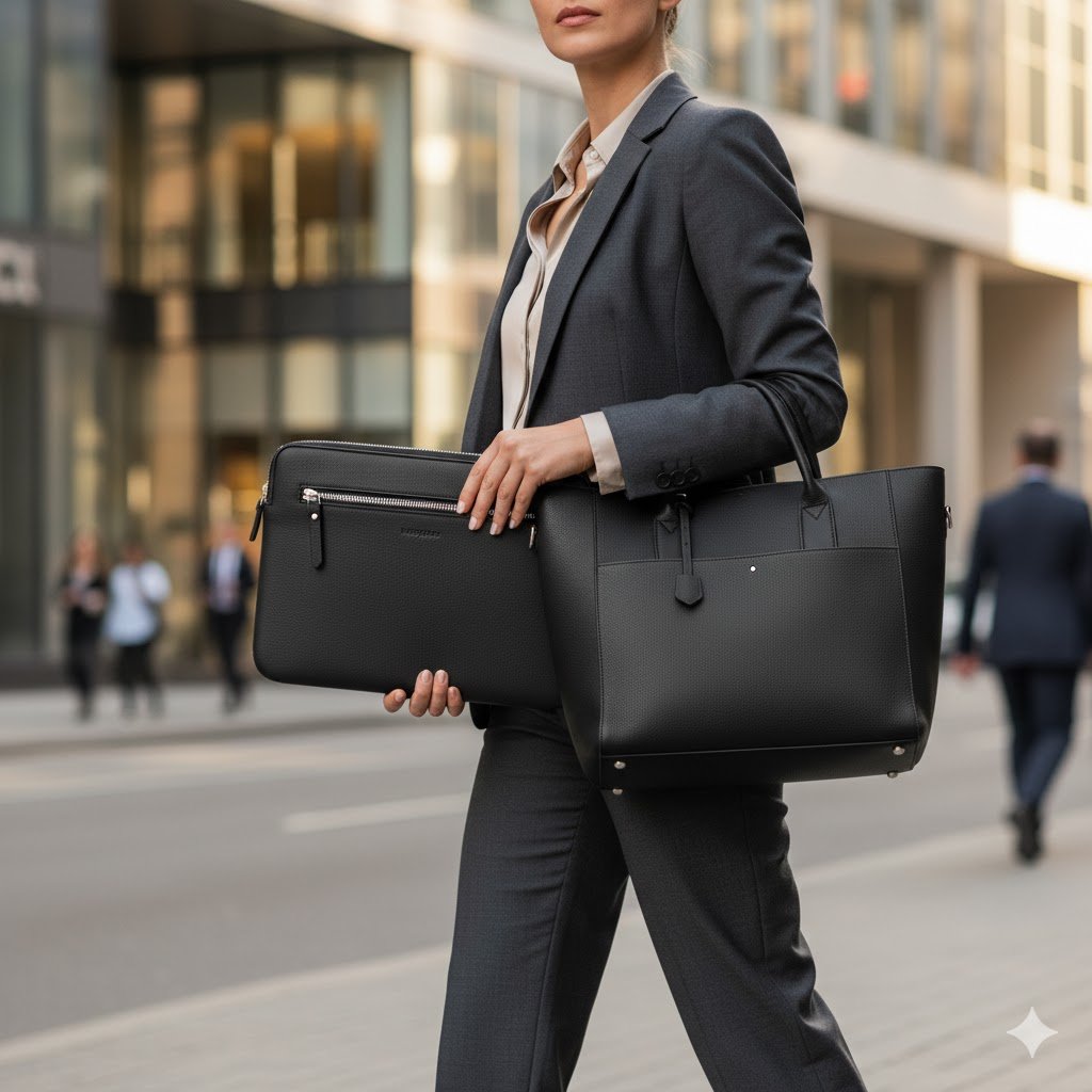 A sleek, genuine leather black laptop zip sleeve with a smooth, mild texture, shown against a clean background to highlight its minimalist design and premium quality.