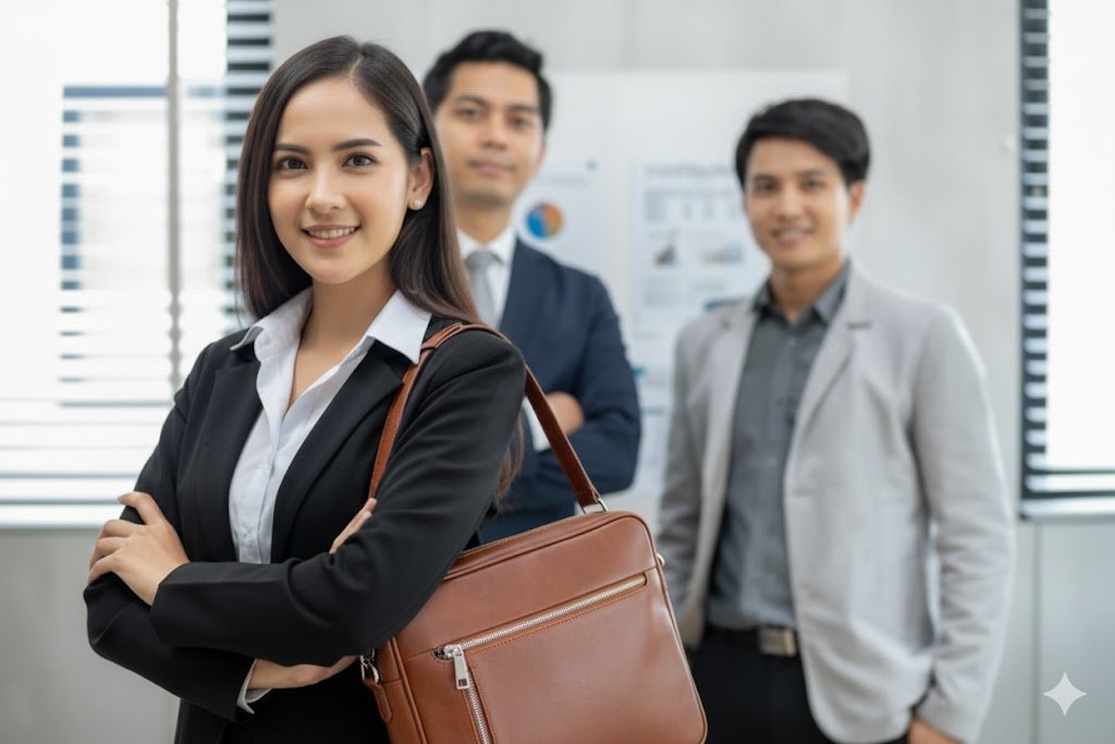 A close-up of a genuine leather brown laptop bag for women, featuring a top zip closure and smooth, mild texture, being held by its sturdy handle.