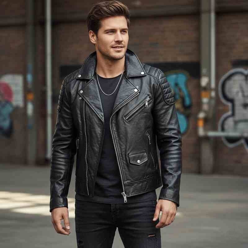 A handsome man, embodying Leather Jacket Men Fashion, with a stylish haircut is wearing a black leather biker jacket over a black t-shirt, paired with distressed black jeans. He stands confidently in an urban setting with a brick wall adorned with graffiti in the background.