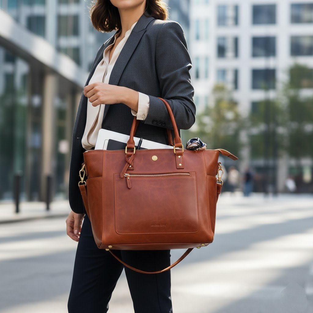 A brown leather tote bag sits on a wooden desk in an office setting. A silver laptop is tucked inside the bag, and next to it on the desk are another laptop, a journal, and a cup of coffee.