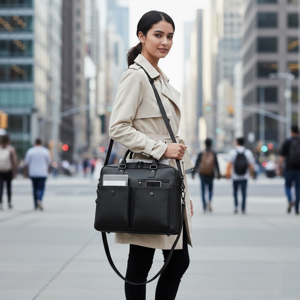 A modern, charcoal grey work satchel with leather accents and a top handle, displayed on a neutral background. The bag has a detachable crossbody strap and a front pocket, with a laptop partially visible inside the main compartment.